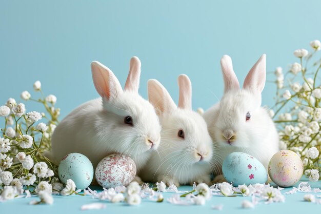 Schattige paashaas met kleurrijke eieren en Lentebloemen op pastel achtergrond Pasen viering wenskaart concept