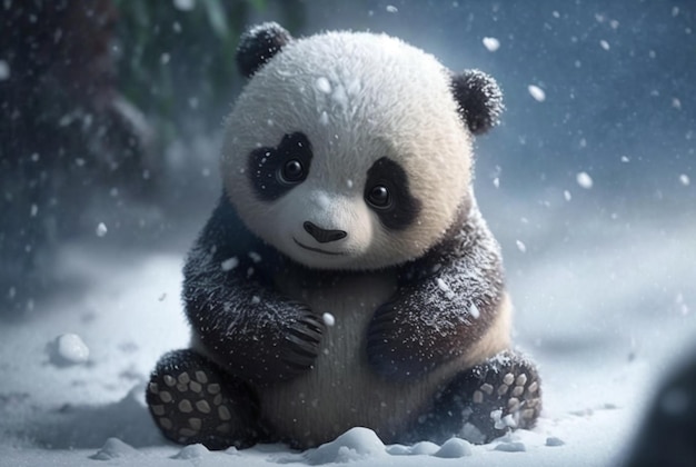 Schattige Panda baby spelen in de sneeuw winter Generatieve Ai