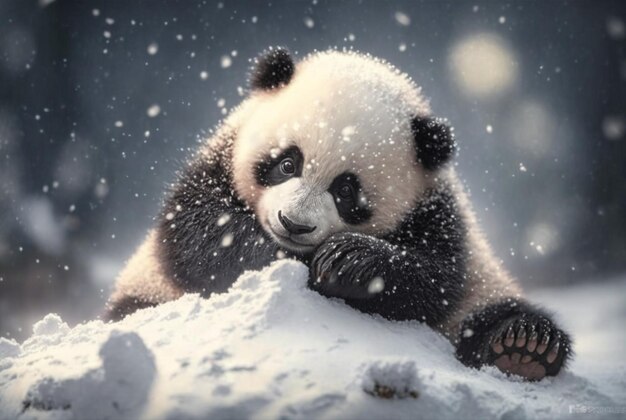 Schattige Panda baby spelen in de sneeuw winter Generatieve Ai