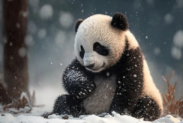 Schattige Panda baby spelen in de sneeuw winter Generatieve Ai