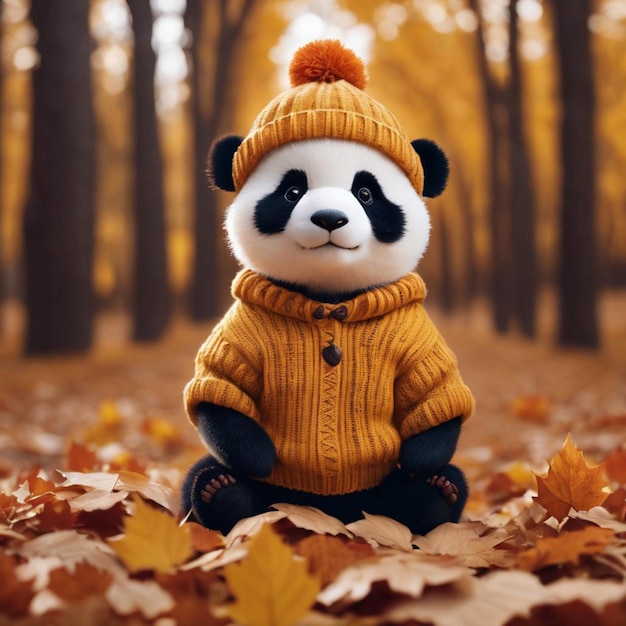 Schattige pandabeer in een warme trui en muts genietend van de herfstbladeren