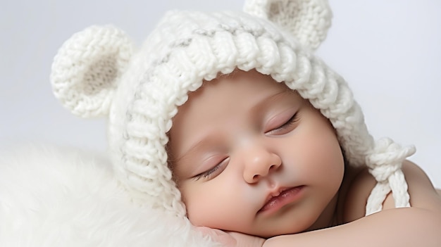 Schattige pasgeboren baby slaapt in een witte hoed op een witte achtergrond Generatieve AI