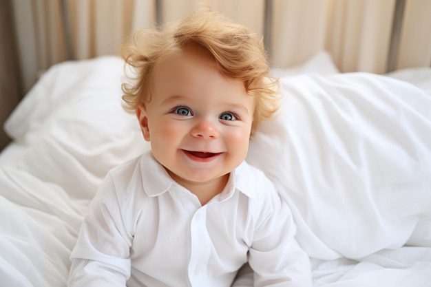 Schattige pasgeboren jongen in een witte doek, liggend in een bed in een lichte slaapkamer Happy baby onder de deken