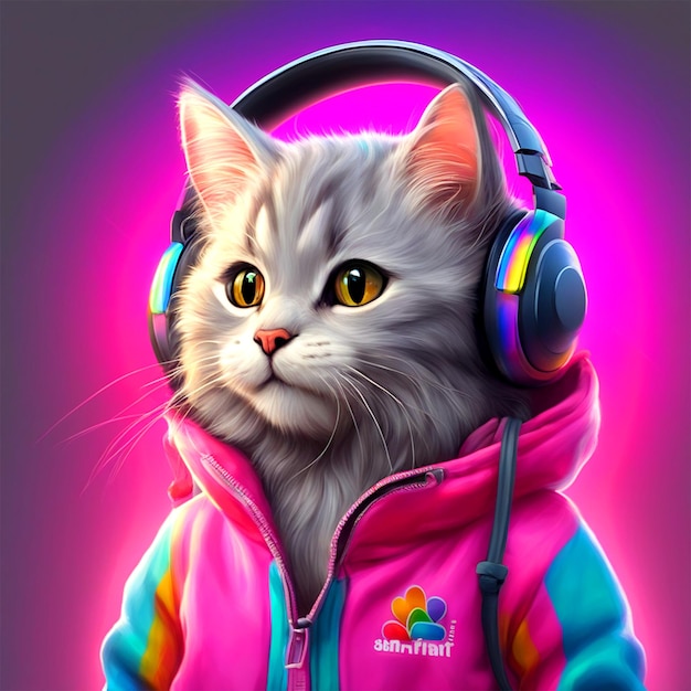 Schattige pluizige babykat met grijs haar met een roze sweatshirt en een regenbooglogo. Kat draagt een hoofdtelefoon