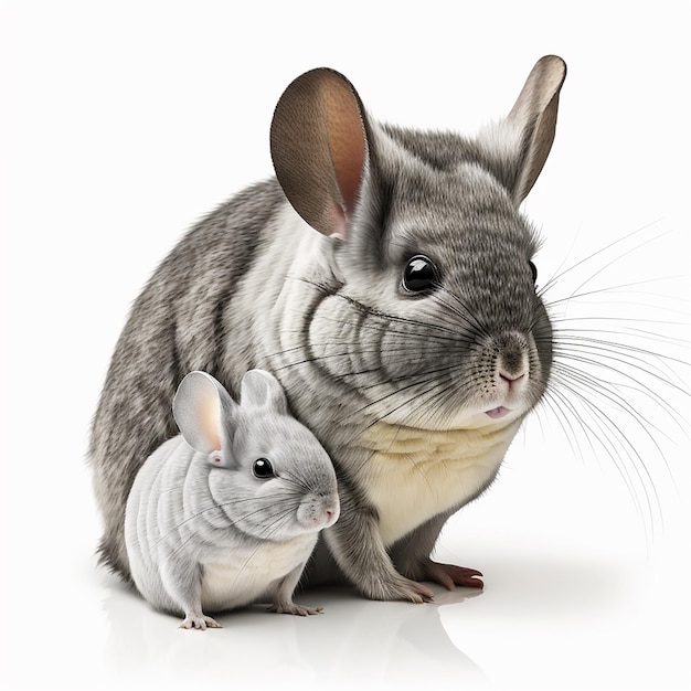 Schattige pluizige dieren chinchilla met kleine welp geïsoleerd op wit close-up mooi huisdier