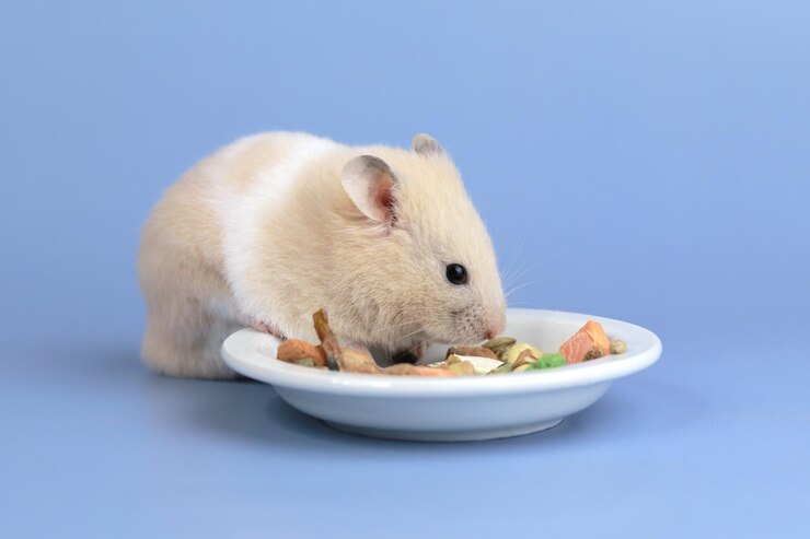 Schattige pluizige hamster eet droogvoer dierenverzorging