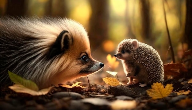 Schattige Pommerse hond en een kleine egel die in de herfst aan elkaar snuffelen