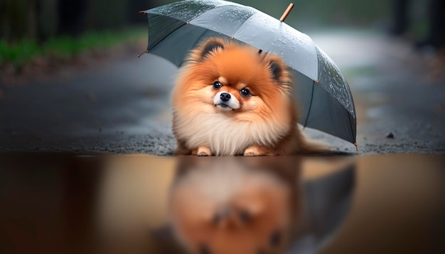 Schattige Pommerse hond zittend onder een paraplu reflecterend in een plas