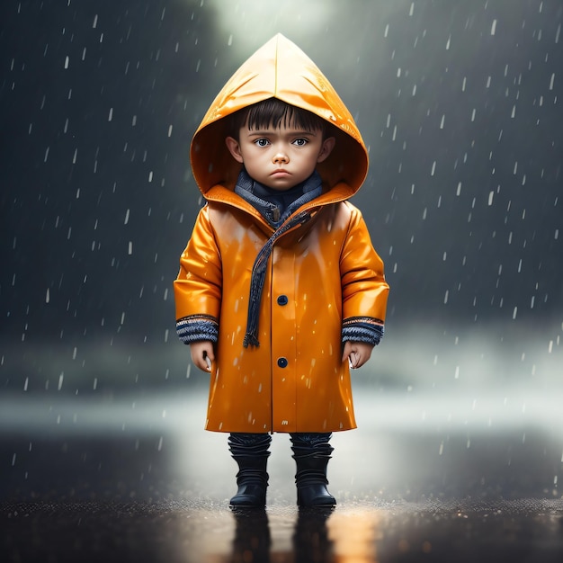 Schattige pop met paraplu en jas onder regen filmische foto-illustratie met onscherpe achtergrond