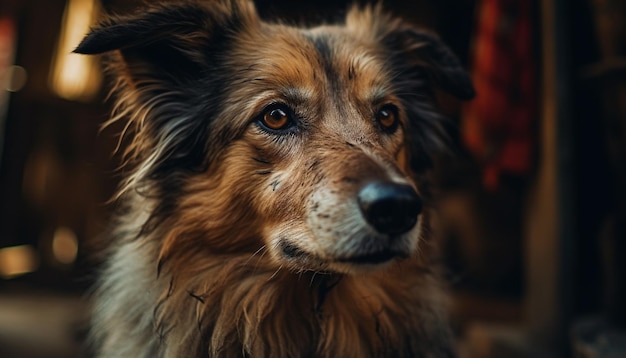 Schattige puppy buiten zitten kijken naar de camera met loyaliteit gegenereerd door kunstmatige intelligentie