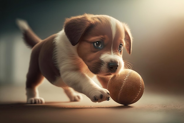 Schattige puppy die met de bal speelt en hem achtervolgt en terugbrengt naar zijn eigenaar