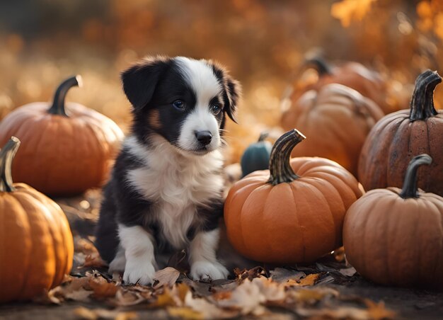 schattige puppy en pompoenfoto