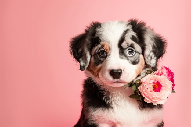 Schattige puppy geeft een roos Romantisch concept of vrouwendag vakantieconcept Generatieve AI illustratie