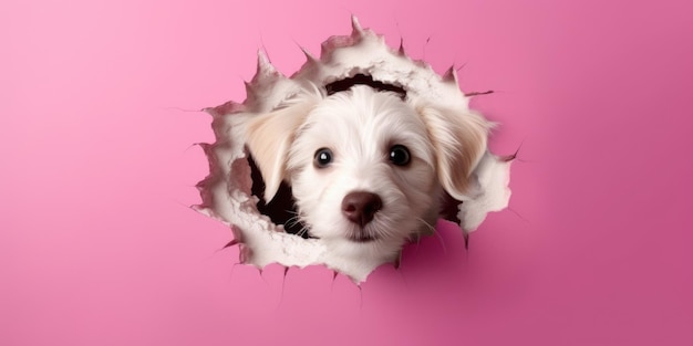 Schattige puppy gluren uit een gat in de muur gescheurd gat lege kopie ruimte frame mockup Generatieve AI afbeelding weber