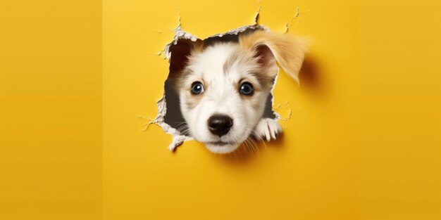 Schattige puppy gluren uit een gat in de muur gescheurd gat lege kopie ruimte frame mockup Generatieve AI afbeelding weber