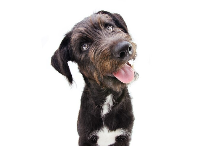 Foto schattige puppy hond hoofd kant kantelen. geïsoleerd op witte ruimte.