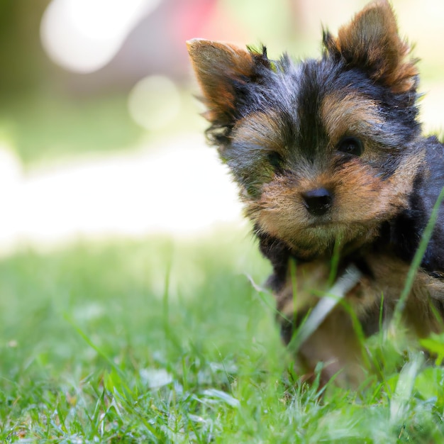 schattige puppy hondje met groen gras bokeh achtergrond premium foto