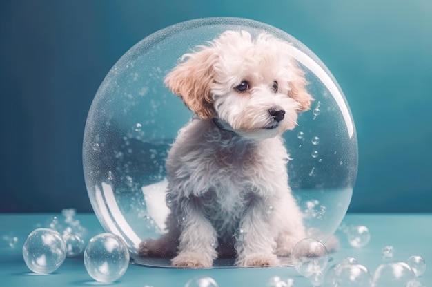 Schattige puppy in grote zeepbel banner ansichtkaart plakkaat voor trimsalon generatieve AI