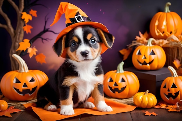Foto schattige puppy in halloween-kostuum met pompoenen en vleermuizen op herfstachtergrond