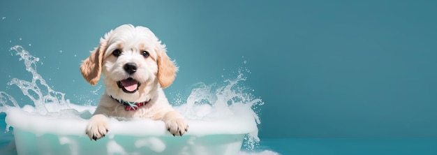 Schattige puppy in schuimbad banner Generatieve AI