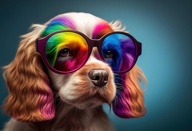 Schattige puppy met kleurrijke zonnebril regenboog illustratie Ai generatief