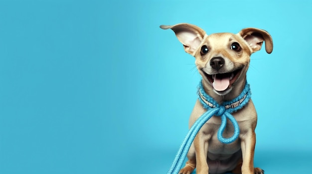 Schattige puppy met riem klaar om te lopen op blauwe achtergrond Generatieve ai-illustratie