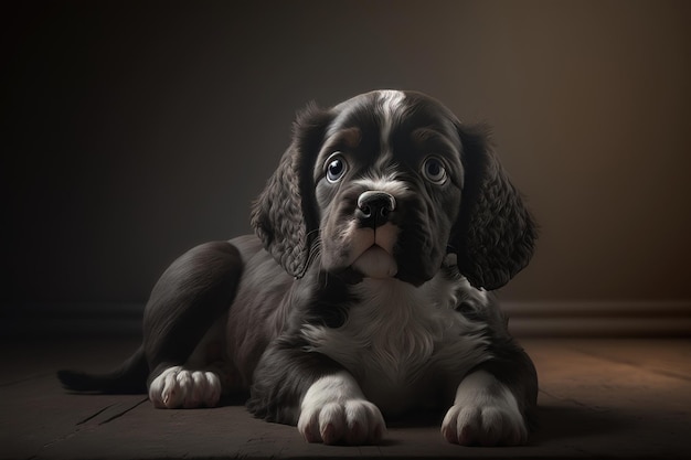 Schattige puppy op een donkere achtergrond National puppy day concept AI generatie