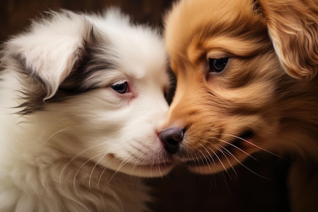 Schattige puppy's die momenten met hun neus delen.