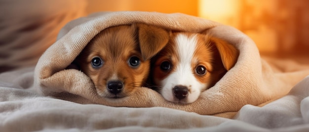Schattige puppy's knuffelen onder deken