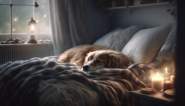 Schattige puppy slapen op pluizig kussen binnenshuis generatieve AI