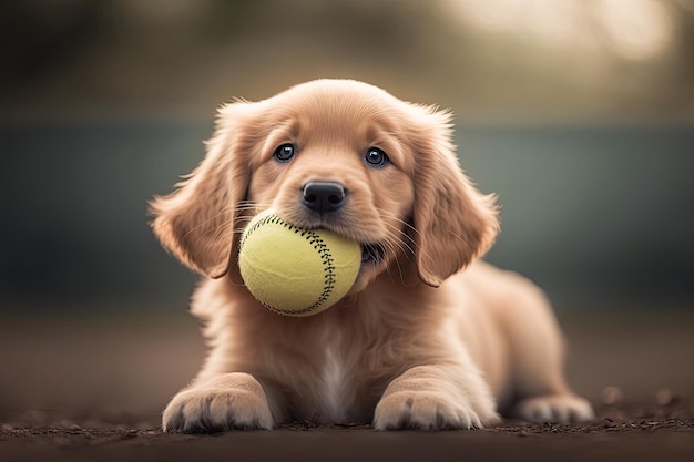 Schattige puppy speelt apporteren met tennisbal en brengt hem elke keer terug