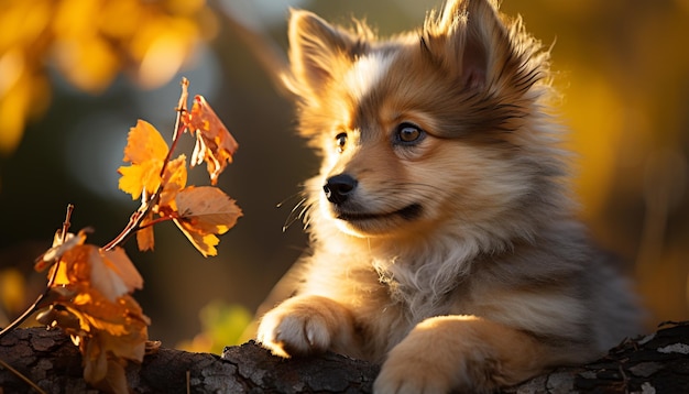 Schattige puppy speelt in het herfstbos en geniet van de schoonheid van de natuur gegenereerd door kunstmatige intelligentie