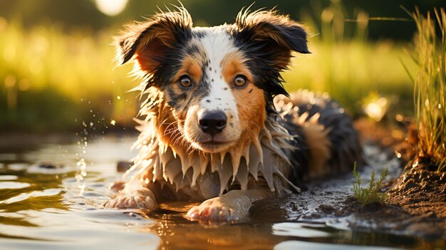 Schattige puppy spelen in het natte gras genietend van de zomer