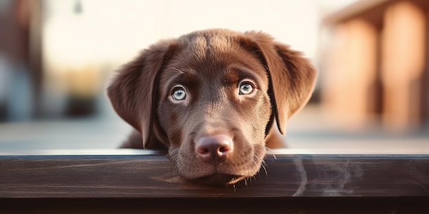 Schattige puppy van chocoladekleur bij daglicht
