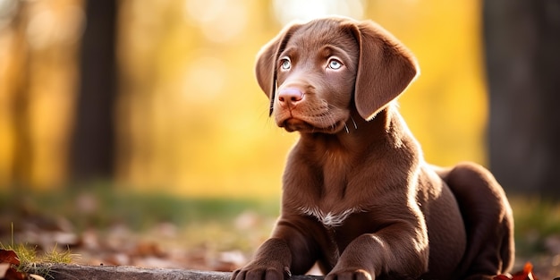 Schattige puppy van chocoladekleur bij daglicht