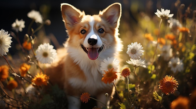 Foto schattige puppy van een rode corgi-hond zittend op een groene weide