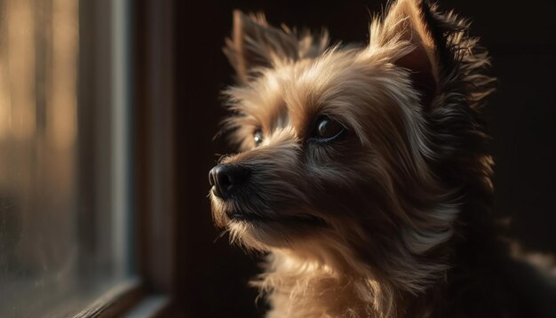 Schattige puppy van Yorkshire Terrier die buiten zit en naar de camera kijkt die speels is gegenereerd door AI