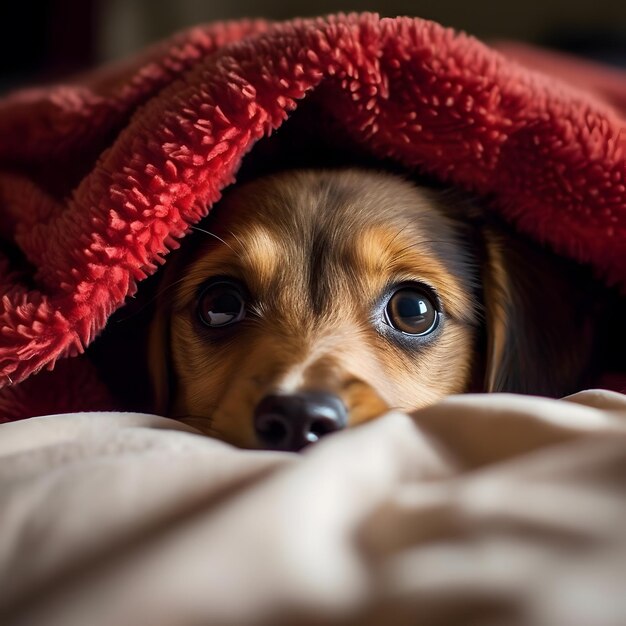 Schattige puppy verborgen en gluren van deken AI gegenereerd