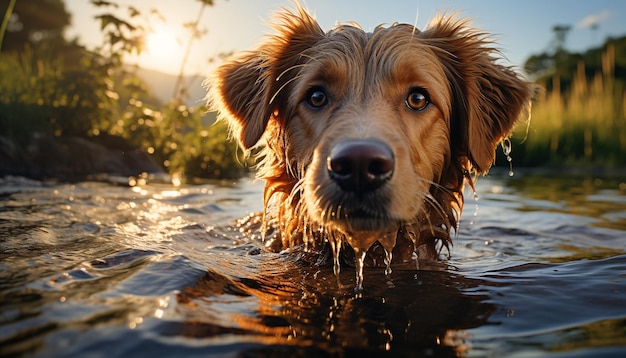 Schattige puppy zit buiten nat van het zwemmen en kijkt naar een camera gegenereerd door kunstmatige intelligentie