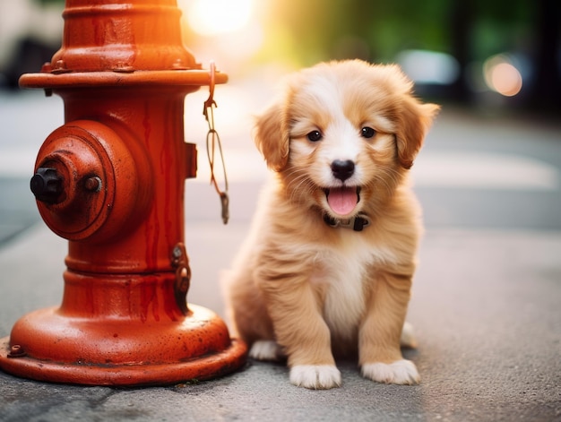 Schattige puppy zittend bij een brandkraan