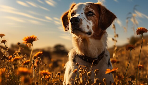 Schattige puppy zittend in de weide genieten van natuurschoon gegenereerd door kunstmatige intelligentie