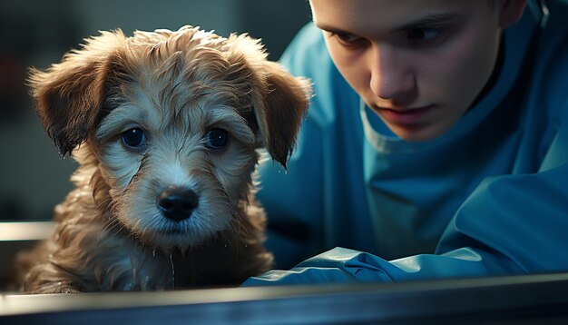 Foto schattige puppy zittend kijkend naar de camera die het kind geluk brengt, gegenereerd door kunstmatige intelligentie