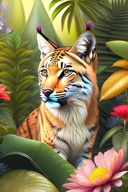 schattige realistische lynx op tropische jungle vol exotische bloemen en bladeren
