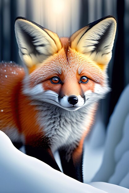 Schattige Red Fox welp in winterbos Oogcontact maken Sneeuwlandschap Digitale kunst