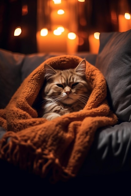 Schattige rode kat slaapt gewikkeld in een deken terwijl hij opwarmt op een koude herfstdag Generatieve AI-inhoud