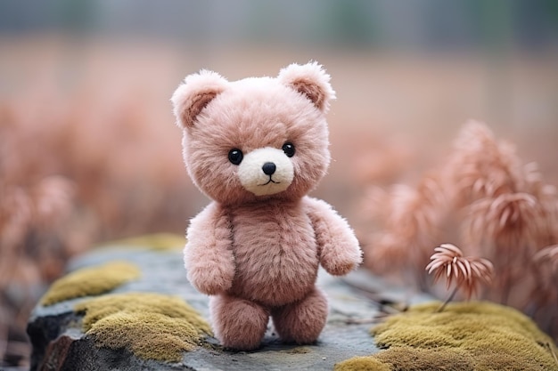 schattige roze teddybeer die op een steen staat op een wazige achtergrond