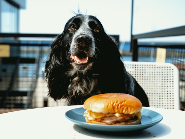 Schattige spaniel eet hamburger aan tafel in café Dierenthema Schattige dieren hondvriendelijk caféconcept