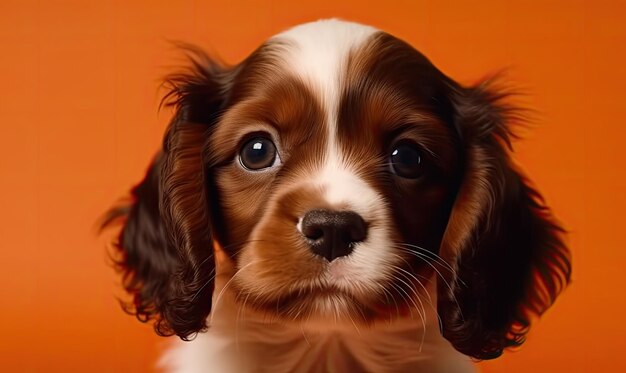 Schattige spaniel puppy op oranje achtergrond met kopieerruimte generatieve AI