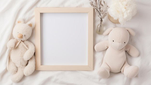schattige teddybeer met een wit houten frame lege ruimte voor tekst