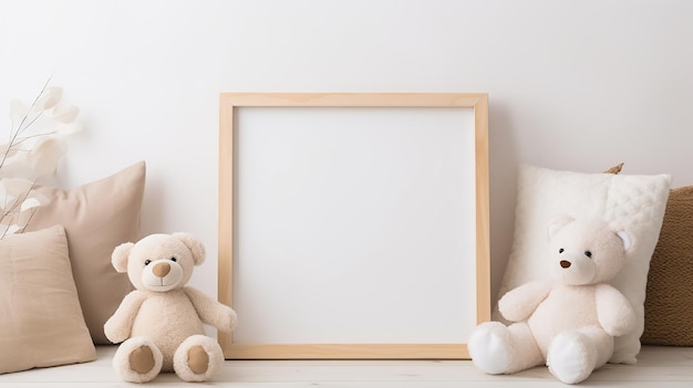 schattige teddybeer met een wit houten frame lege ruimte voor tekst